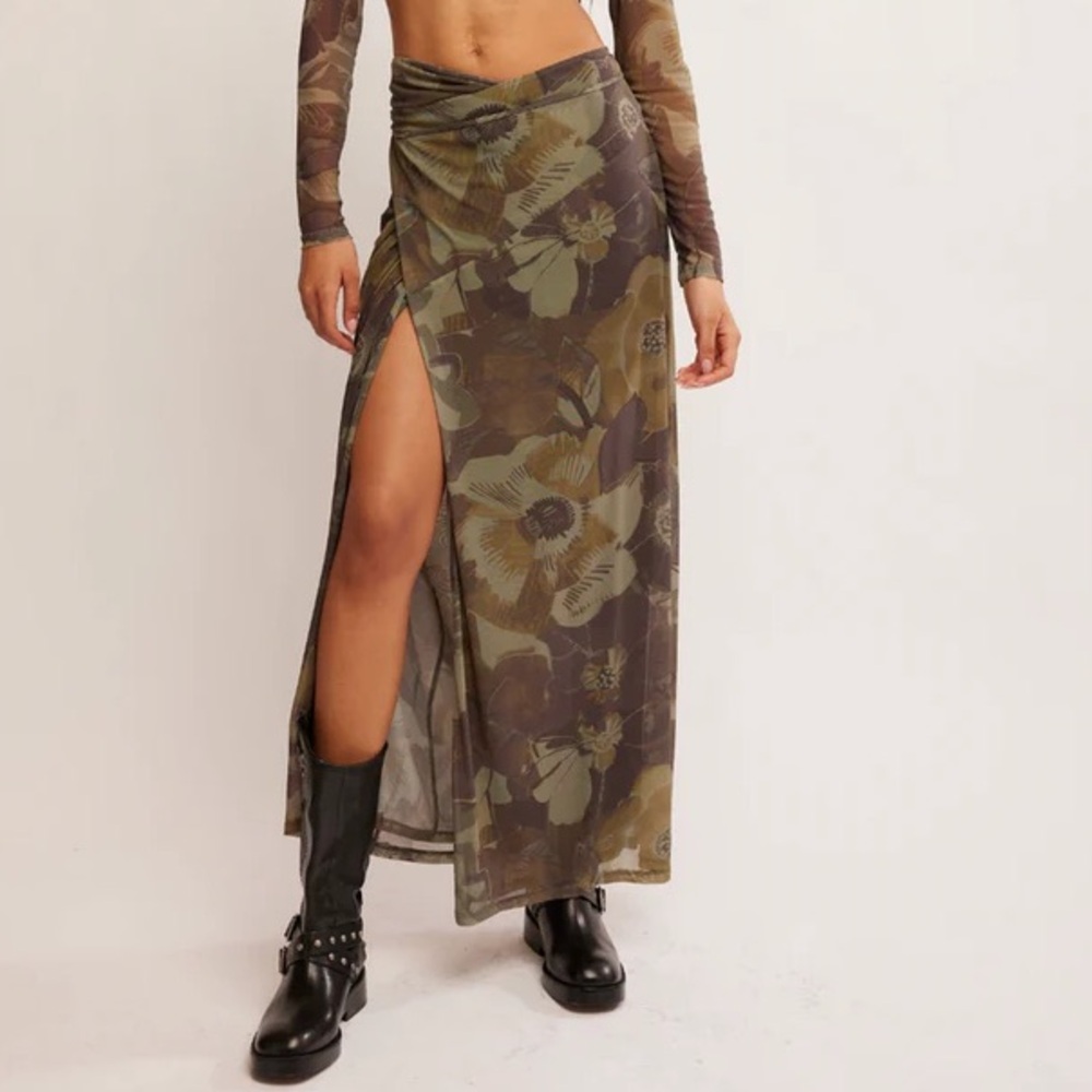 Free People Olive Green Floral Mesh Maxi Skirt with Side Slit